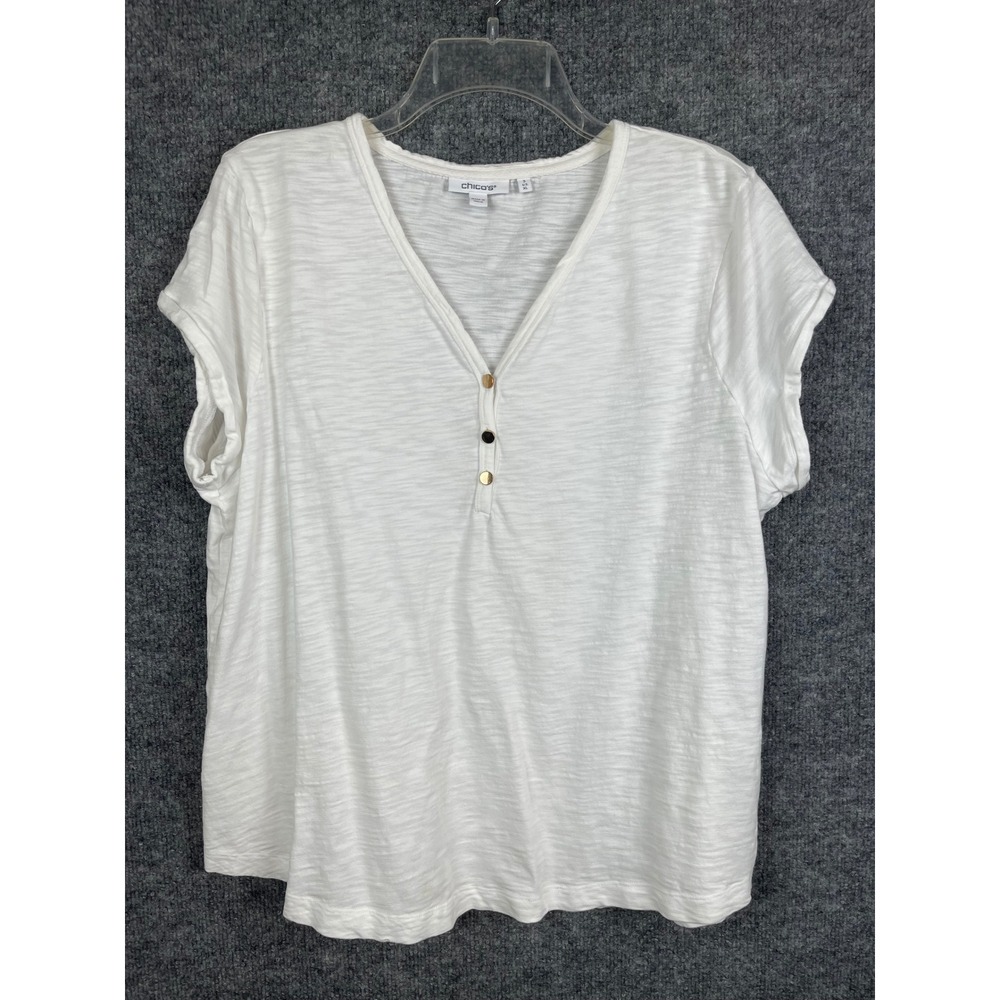 Chico's Henley Tee Womens XL White Good Slub Knit V-Neck Cap Sleeve Top
